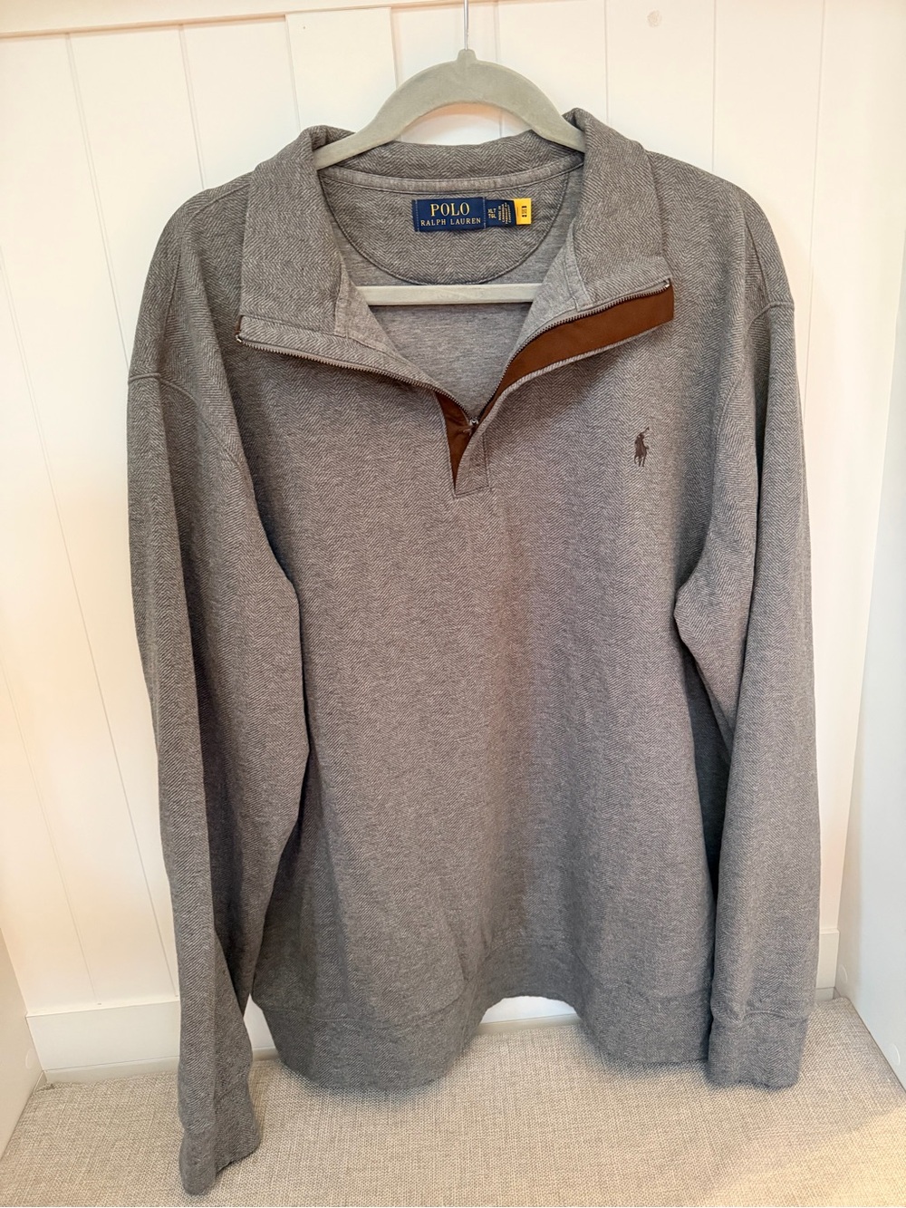 Ralph Lauren Gray Cotton Quarter-Zip Pullover with Brown Trim